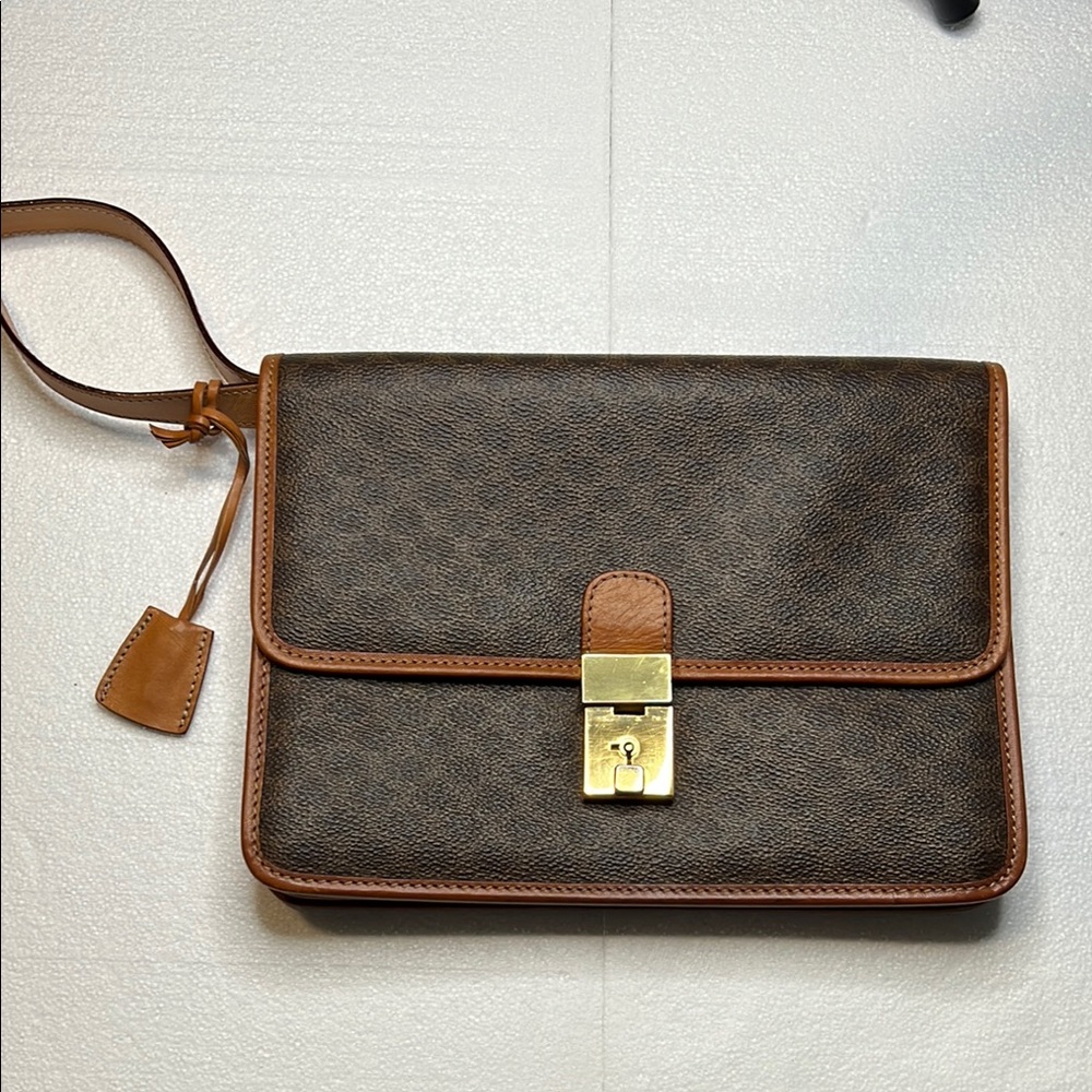 CELINE Brown Monogram Clutch Bag with Gold Clasp
